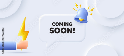 Coming soon tag. Neumorphic background with chat speech bubble. Promotion banner sign. New product release symbol. Coming soon speech message. Banner with energy. Vector