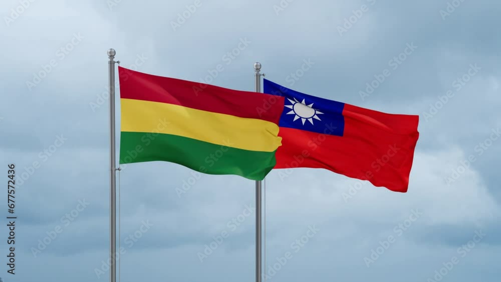 Taiwan and Bolivia flag waving together on cloudy sky, endless seamless loop, two country cooperation concept Taiwan and Bolivia flag waving together on cloudy sky, endless seamless loop, two country cooperation concept