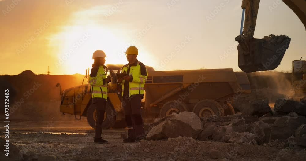 Cinematic Golden Hour Shot Of Construction Site: Caucasian Male Civil Engineer And Hispanic Female Urban Planner Talking, Using Tablet. Trucks, Excavators, Loaders Working To Build New Apartment Block