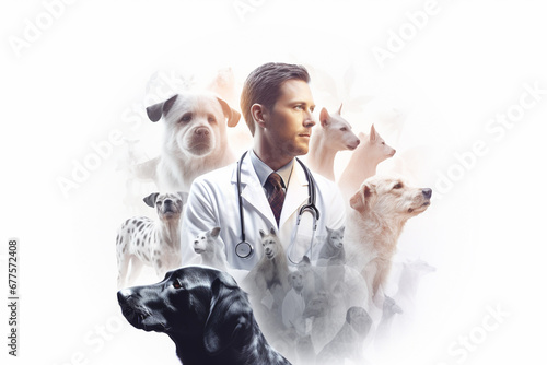 Double exposure photography of veterinarian with stethoscope and animals, on white background