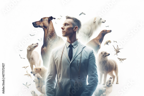 Double exposure photography of veterinarian with stethoscope and animals, on white background