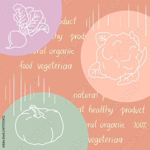 Cute vegan poster in pastel colors. Vector illustration outline veggies images.