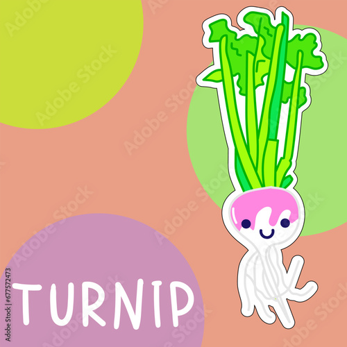 Cartoon cute kawaii turnip with face. Funny vector illustration of happy vegetable. Childish style design for positive poster, t-shirt, card, wall print, book