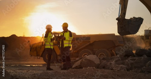Cinematic Golden Hour Shot Of Construction Site: Caucasian Male Civil Engineer And Hispanic Female Urban Planner Talking, Using Tablet. Trucks, Excavators, Loaders Working To Build New Apartment Block photo