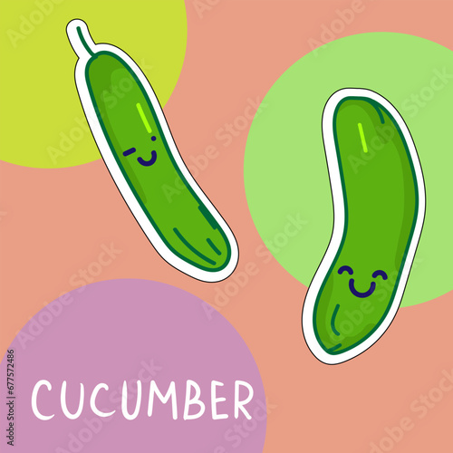 Cartoon cute kawaii cucumber with face. Funny vector illustration of happy vegetable. Childish style design for positive poster, t-shirt, card, wall print, book