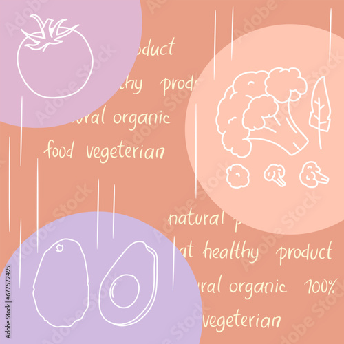 Cute vegan poster in pastel colors. Vector illustration outline veggies images.