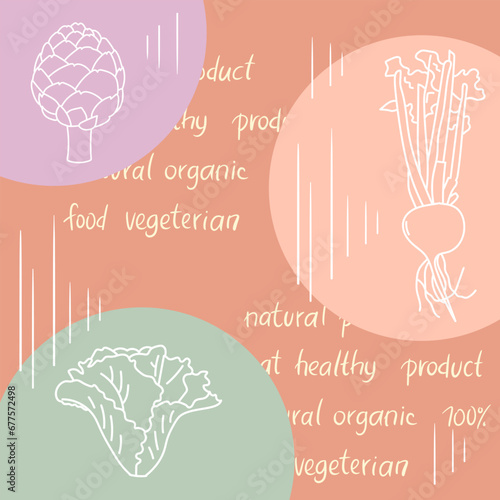 Cute vegan poster in pastel colors. Vector illustration outline veggies images.