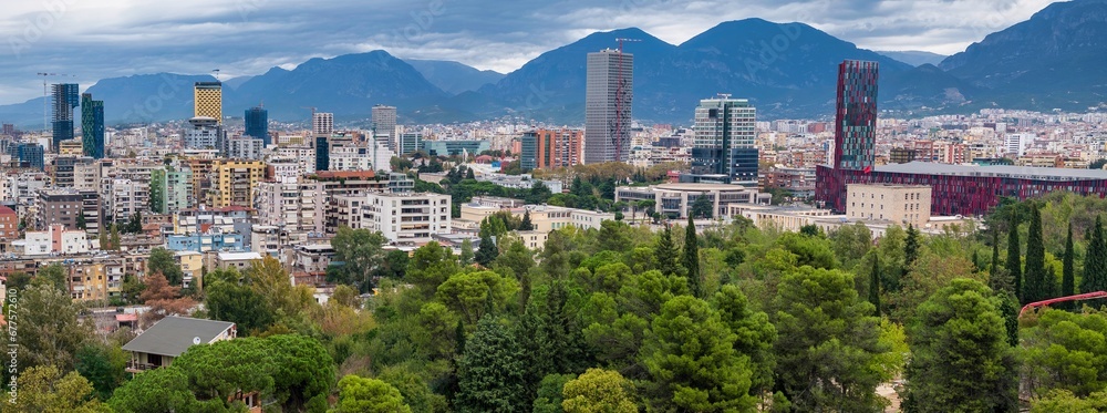 Aerial image of Tirana Skyline photographed from a distance - obrazy, fototapety, plakaty 