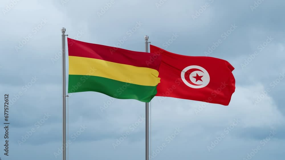 Tunisia and Bolivia flag waving together on cloudy sky, endless seamless loop, two country cooperation concept Tunisia and Bolivia flag waving together on cloudy sky, endless seamless loop, two country cooperation concept