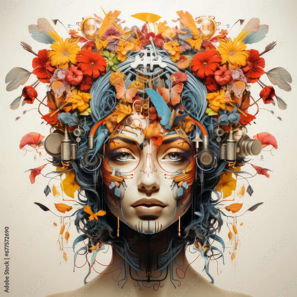 AI, concept, woman, intelligence, artificial, brain, flowers, multicolored, multicoloured, illustration