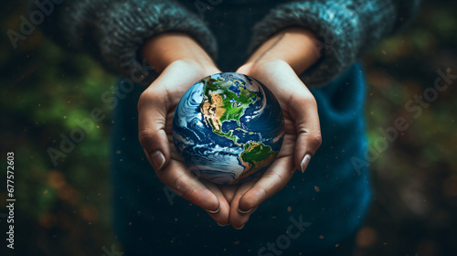 World earth day concept hands holding globe.