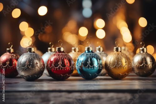 Multicoloured Christmas baubles on a wooden shelf with a golden bokeh.