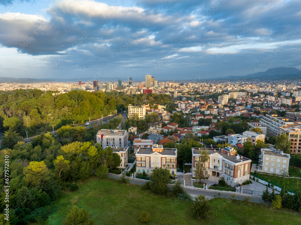 Aerial image of Tirana Skyline photographed from a distance