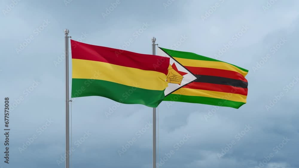 Zimbabwe and Bolivia flag waving together on cloudy sky, endless seamless loop, two country cooperation concept Zimbabwe and Bolivia flag waving together on cloudy sky, endless seamless loop, two country cooperation concept