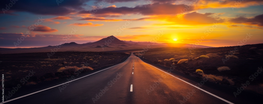 Unexplored road journeys and adventures. Road through the scenic landscape to the destination in Lanzarote natural park canary islands - obrazy, fototapety, plakaty 