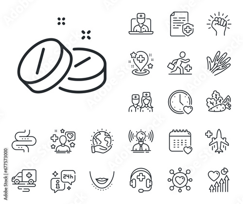 Medicine drugs sign. Online doctor, patient and medicine outline icons. Medical tablet line icon. Pharmacy medication symbol. Medical tablet line sign. Vector
