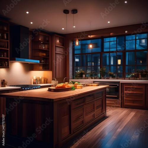 A breathtaking interior luxurious cozy kitchen design with warm colors and wood features - magazine style photography