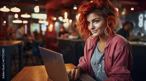 A woman freelancer smiles, working with a laptop in a cafe.