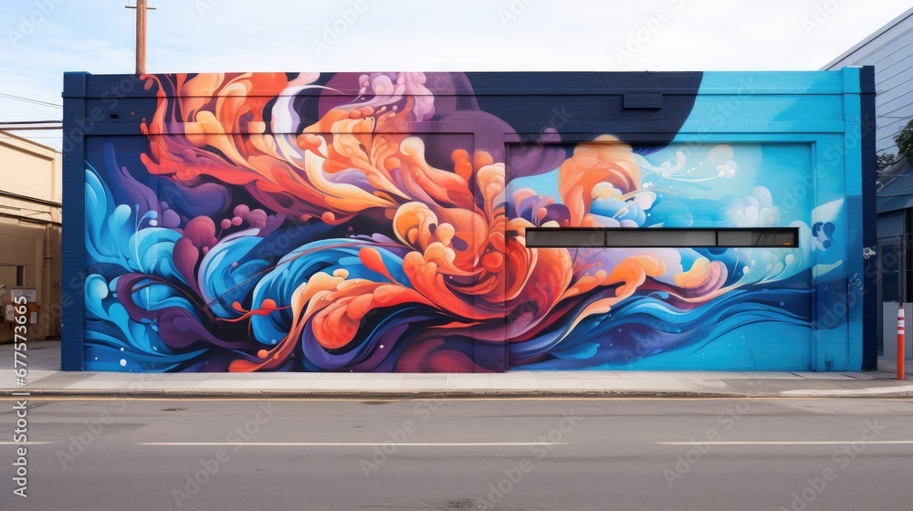 A dynamic abstract mural with waves of blue and orange flows across a building's surface.