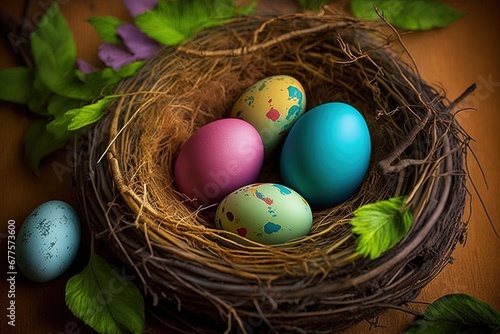 Easter, painted eggs in a nest. AI generated