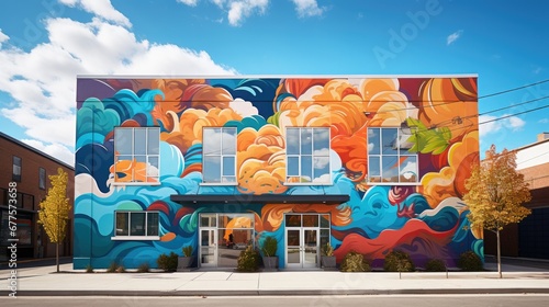 Vibrant street art mural with swirling blue and orange patterns on a building facade under a clear blue sky.