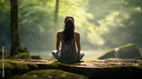 Tranquil scene of a woman meditating in a sunlit forest, with gentle rays filtering through the trees.