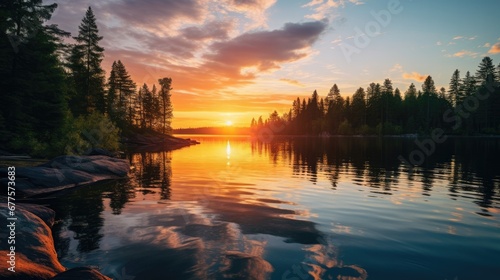 Sunset over a serene lake  casting a golden glow on the water with a forest silhouette.