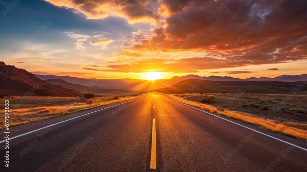 Naklejka premium Sunset view on an open road with vibrant skies and mountainous backdrop.