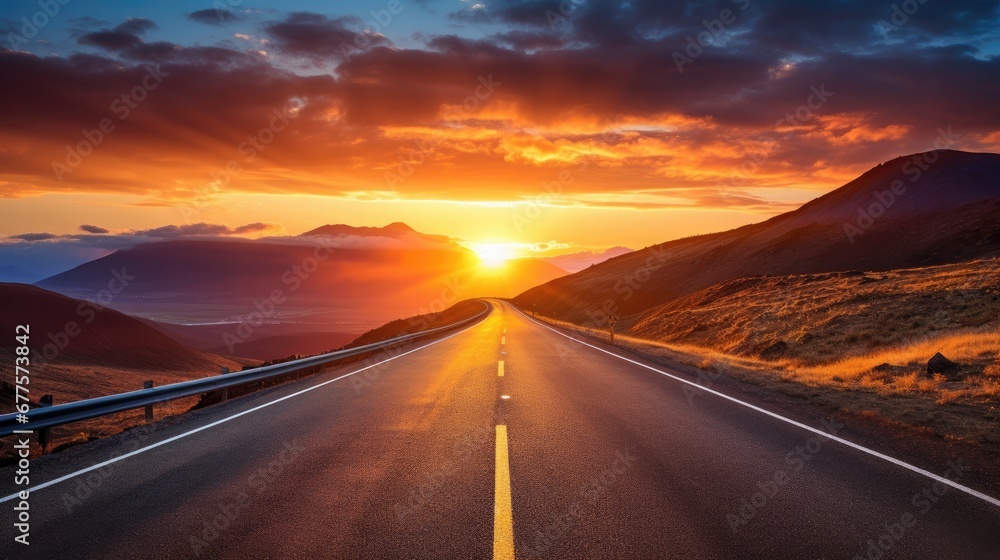 Open road leading towards a stunning sunset with vibrant orange skies and silhouetted mountains.