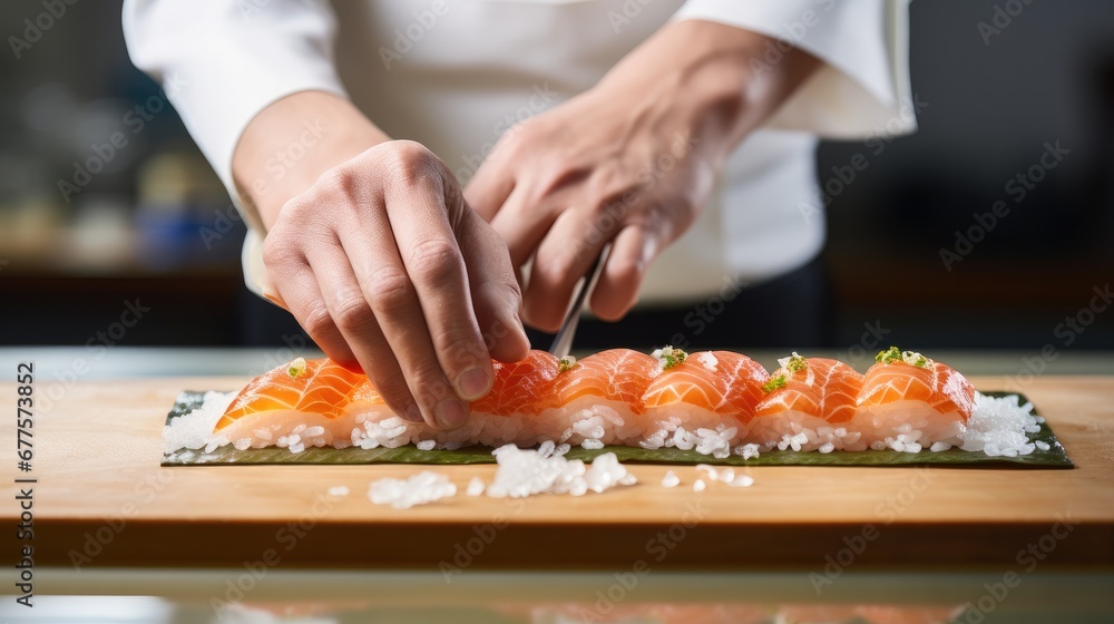 Sushi chef meticulously assembling a salmon roll on a bamboo mat, highlighting freshness and skill. Sushi chef meticulously assembling a salmon roll on a bamboo mat, highlighting freshness and skill.
