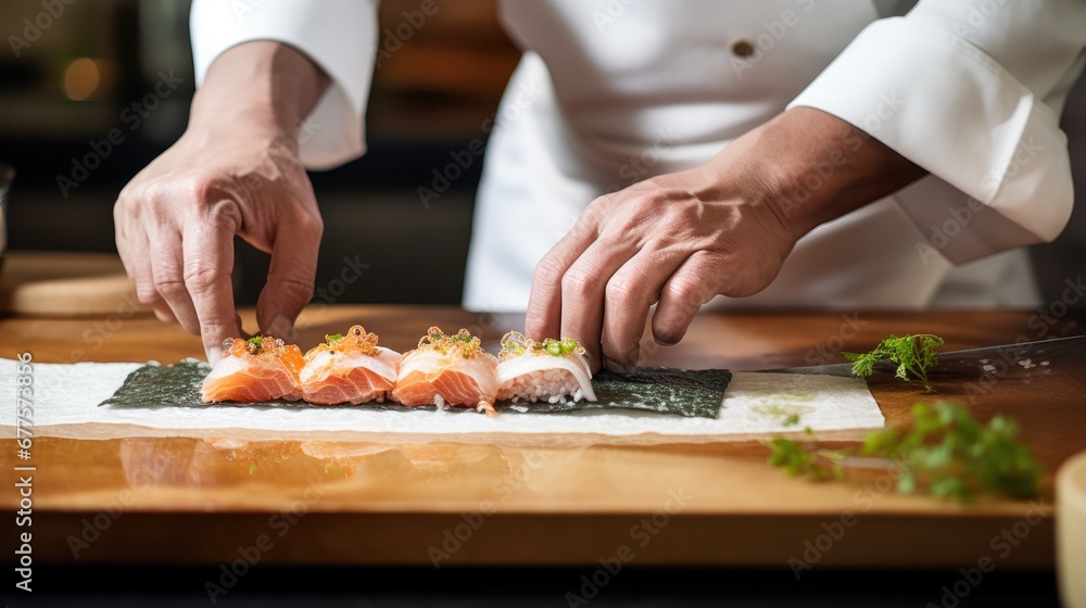 A sushi chef expertly tops nigiri with delicate garnishes on a bamboo mat, in a professional kitchen.