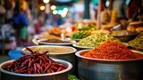 Large bowls of dried chilies and spices dominate the foreground in a bustling market scene.