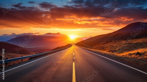 Open road leading towards a stunning sunset with vibrant orange skies and silhouetted mountains. © Antonio