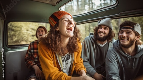 Group of joyful friends laughing and enjoying a road trip in a vintage van.
