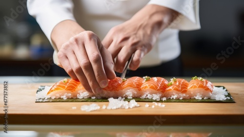 Sushi chef meticulously assembling a salmon roll on a bamboo mat, highlighting freshness and skill.