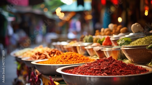 Heaps of aromatic spices and herbs displayed in an open-air market, with a bokeh effect of lights.