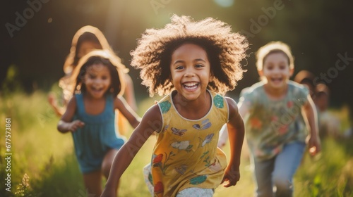 Joyful children running playfully in a sunlit field, with one girl leading and laughing.
