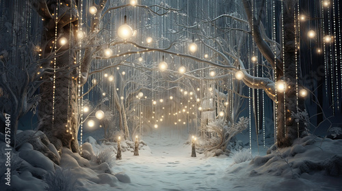 Magical Christmas tree forest  covered in snow and fairy lights AI generative