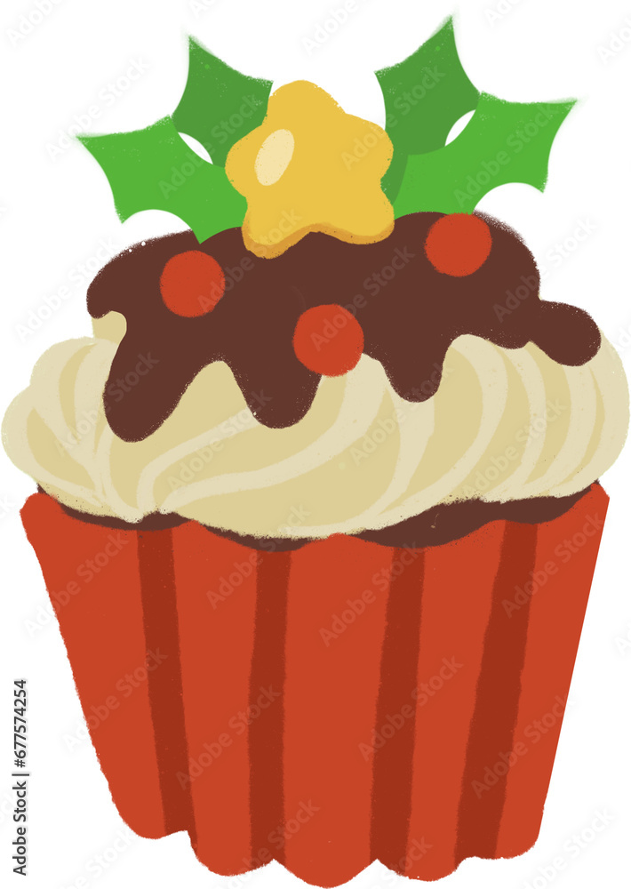 The Christmas cupcake with decoration. Cupcake elements collection in Xmas holiday season. Winter colorful dessert collection.