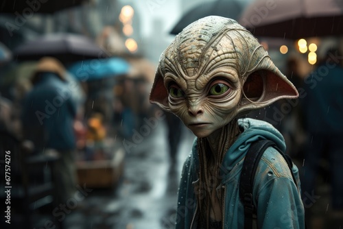 Alien on the streets of a big city on a misty evening by Generative AI
