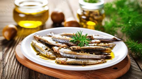 Anchovies marinated in olive oil and cooked at low temperature on a white plate. photo