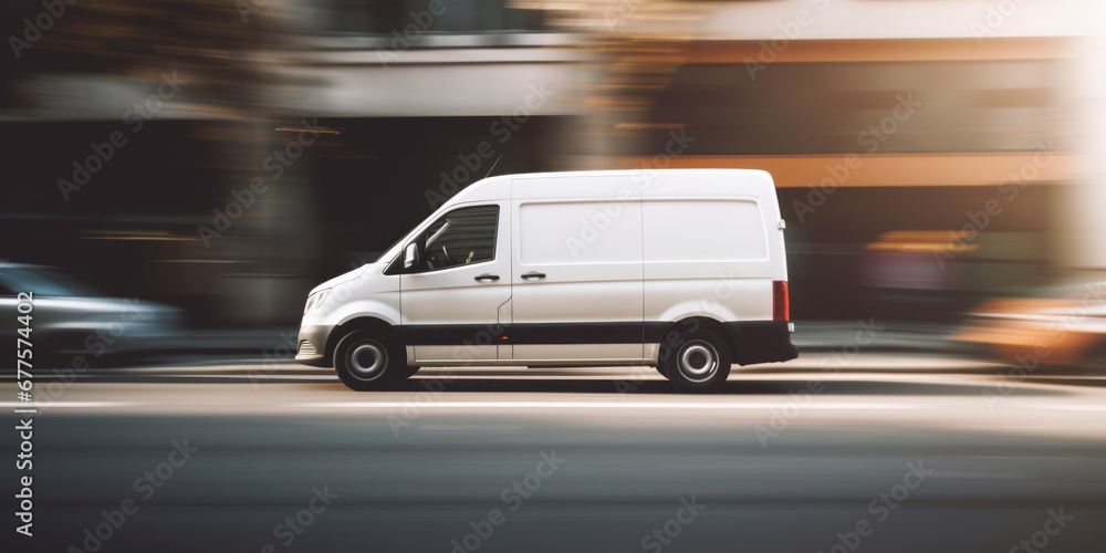 white delivery van side view on blur city street background, moving minivan in urgent fast motion, concept of logistics, food merchandise commercial delivery or post service, banner with copy space