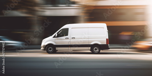 white delivery van side view on blur city street background  moving minivan in urgent fast motion  concept of logistics  food merchandise commercial delivery or post service  banner with copy space
