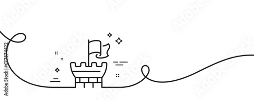 Tower line icon. Continuous one line with curl. Castle flag sign. Safe defence symbol. Shield single outline ribbon. Loop curve pattern. Vector