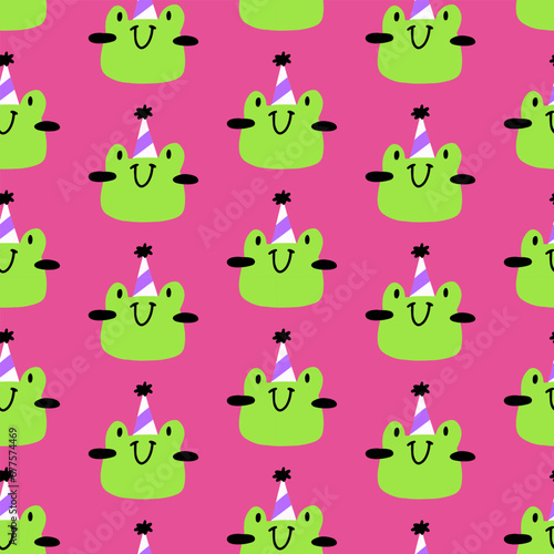 Cute frog pattern. Vector seamless pattern with kawaii characters on pink background © Alena Oduvanina