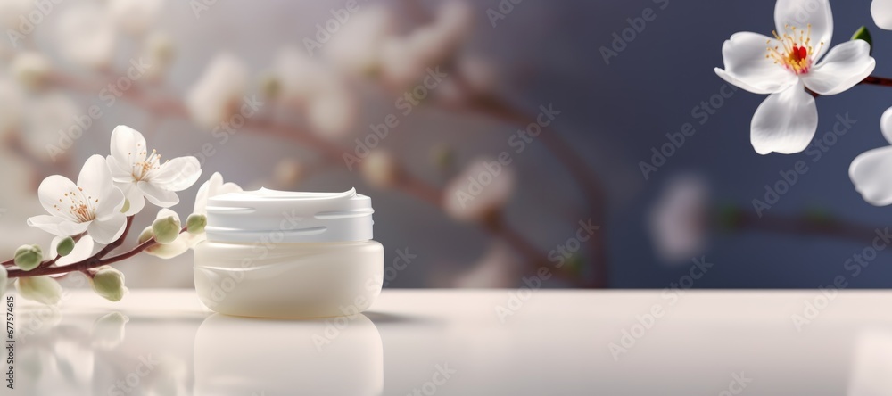 Cosmetic cream blank jar mock up with white flowers on light pastel background. Cosmetic cream blank jar mock up with white flowers on light pastel background.