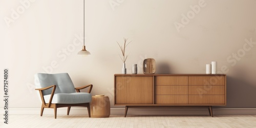 Interior with wooden cabinet and armchair 3d rendering, Generative AI