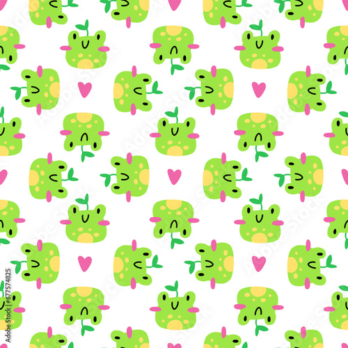 Cute frog pattern. Vector seamless pattern with kawaii characters on white background © Alena Oduvanina