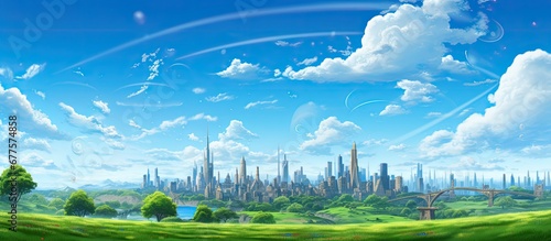 On a bright sunny day I decided to travel to a bustling city where the vibrant blue sky matched the captivating green grass below and the towering buildings showcased magnificent architectu