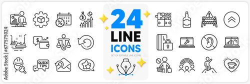 Icons set of Star, Inspect and Wallet line icons pack for app with Inclusion, No hearing, Warning road thin outline icon. Bumper cars, Laptop repair, Send mail pictogram. Puzzle game. Vector